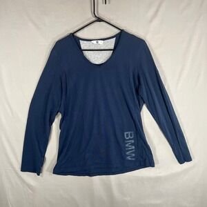 BMW Ladies Dark Navy Blue Long Sleeve V Neck Cotton Logo Tee T Shirt Size XL